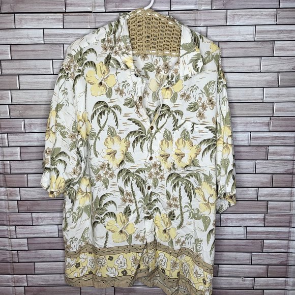 Roundtree & Yorke Men's Size XL Shirt Floral‎ Yellow Green Hawaii Style Top - Picture 1 of 8